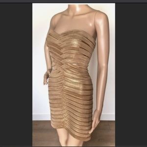 BCBGMaxAzria Gold Strapless Bandage Foil Dress
